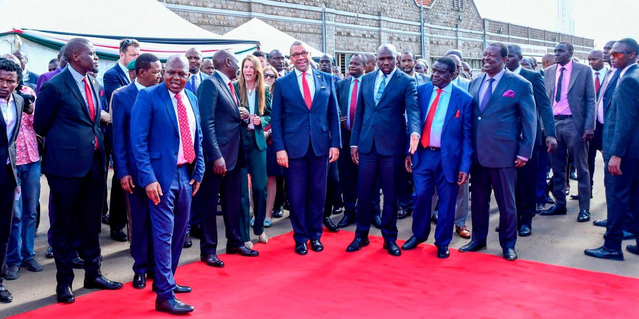 President William Ruto with James Cleverly, the Secretary of State for Foreign, Commonwealth and Development Affairs of the United Kingdom, Deputy President Rigathi Gachagua, Cabinet Ministers Onesmus Kipchumba Murkomen (Transport and Infrastructures) Alfred Mutua (Foreign Affairs) Moses Kuria (Trade) Governor Johnson Sakaja (Nairobi) and other Government Officials during the Ground-breaking ceremony for the Railway City Project, Nairobi. Photo credit: PCS