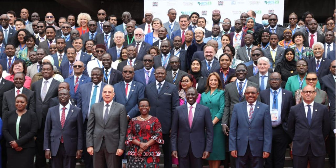 President William Ruto in a group photo with delegates after the first session of Africa Climate Summit 2023 at KICC on September 4, 2023.