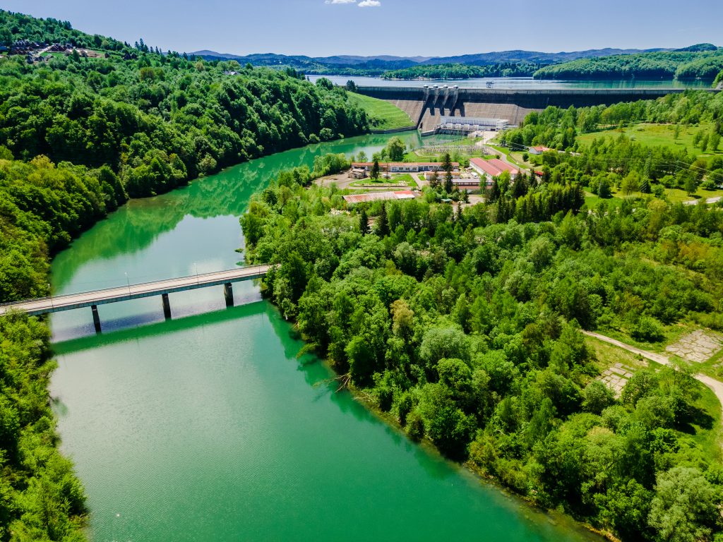 Renewable Green Energy. Hydropower Plant on Solina Lake in Poland. Drone View.