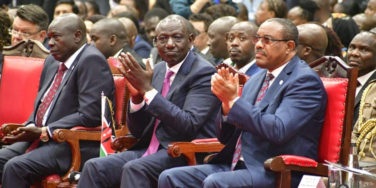 From left: Deputy President Rigathi Gachagua, President William Ruto and former Ethiopian Prime Minister Hailemariam Desalegn Boshe in attendance during the opening ceremony of the Africa Climate Summit. Photo credit: Francis Nderitu | Nation Media Group