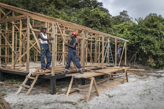 Men work in the construction of a back-of-house infrastructure that will accomodate staff at Petit Loango, a 20-bed eco-lodge under construction at Petit Loango on the coastline of Gabon’s flagship Loango National Park on October 12, 2022. Based around the forestLAB research centre based at Petit Loango, the lodge aims to set a benchmark for nature-based tourism in Equatorial Africa.